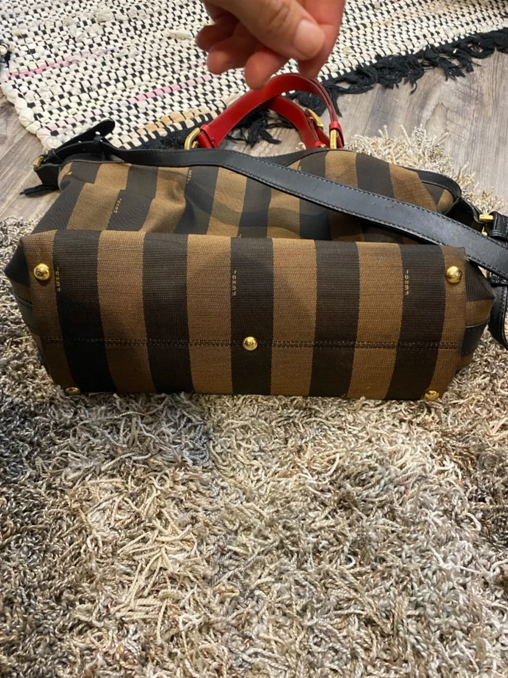 Authentic FENDI Pequin Stripe Large Canvas Leather Tote Bag 8BN242